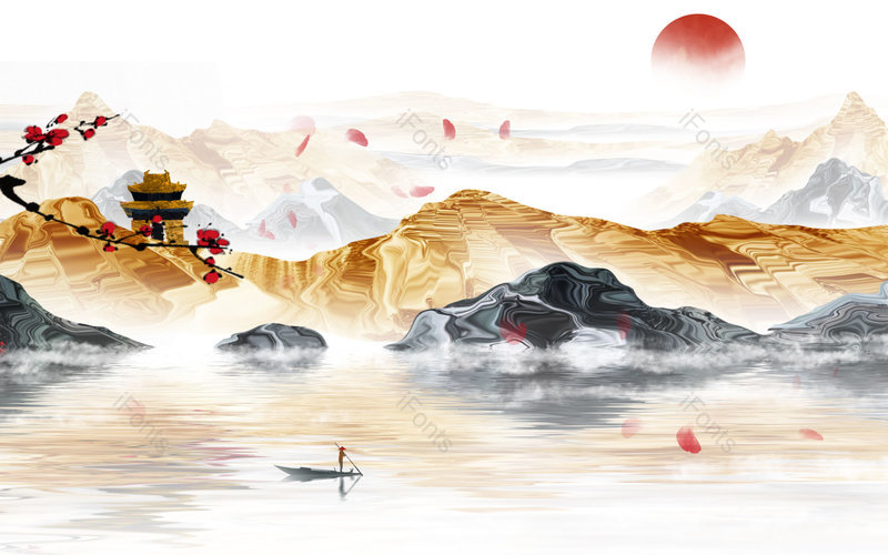 中国风夕阳手绘风景山水插画背景设计,插画/手绘图,插画/手绘图库,插画/手绘图下载,插画/手绘
